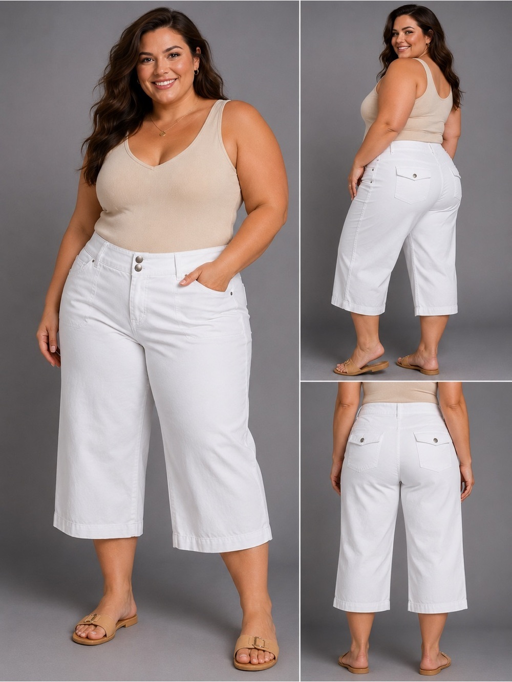 Larry Levine Woman White Stretch Capri Pants Cropped Wide Leg Summer(1383)